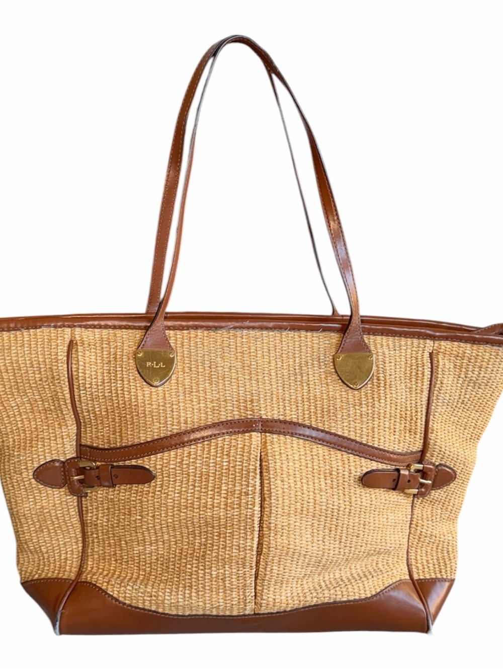 Lauren Ralph Lauren Straw Woven Tote Bag Brown Leather Trim Gold RL Logo Preowne - Picture 2 of 11